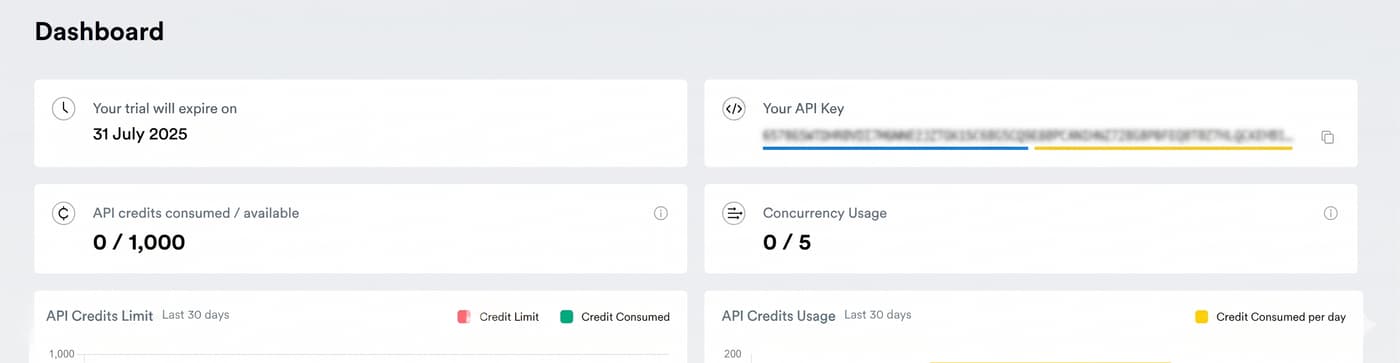 ScrapingBee dashboard with API key
