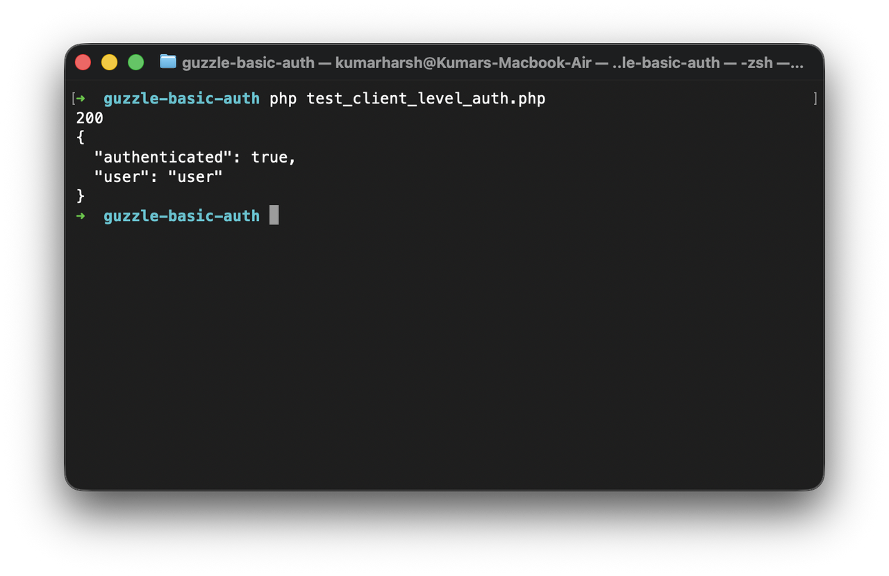 Terminal output of the client-level Guzzle basic auth script showing status 200 and authenticated true