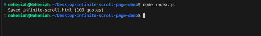 Terminal output showing Saved infinite-scroll.html (100 quotes)