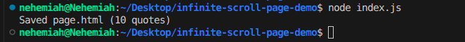 Terminal output showing Saved page.html (10 quotes)