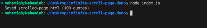 Terminal output showing Saved scrolled-page.html (100 quotes)
