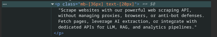 Chrome DevTools showing the paragraph element with the class mb-[36px] text-[20px] on the ScrapingBee homepage