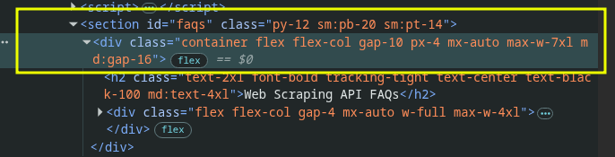 Chrome DevTools showing the section element with the id faqs on the ScrapingBee homepage