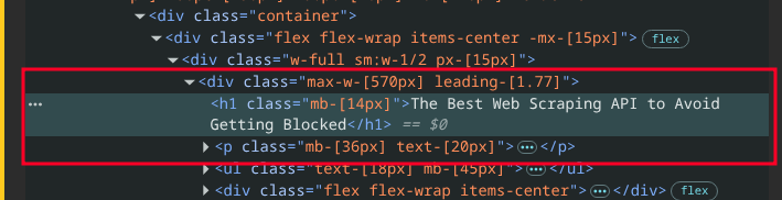 Chrome DevTools showing the h1 element on the ScrapingBee homepage containing the text The Best Web Scraping API to Avoid Getting Blocked